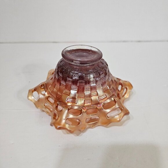 Fenton Carnival Glass Pink Marigold Reticulated Candy Bowl (Basket Weave) - Picture 5 of 6